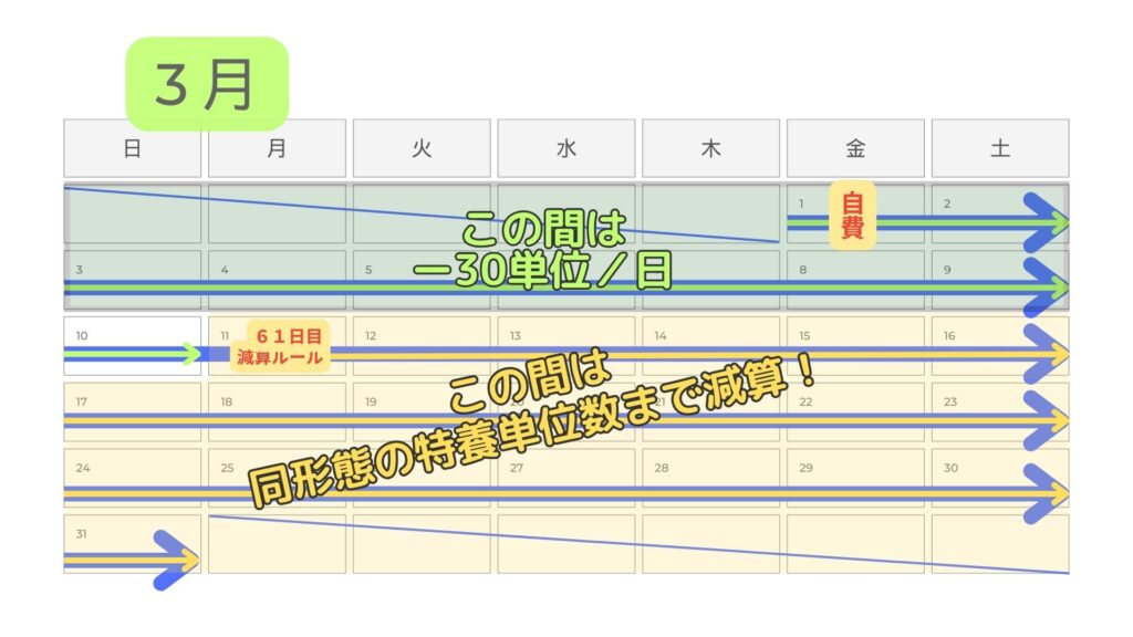 ショートステイロング利用における、自費と減算をカレンダーで説明。